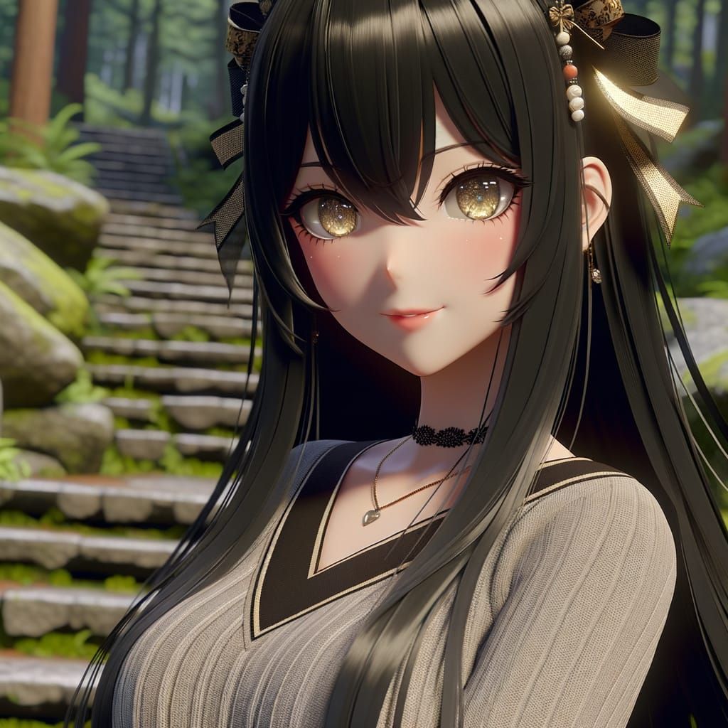 Japanese Lady in Forest, Anime-Inspired Painting