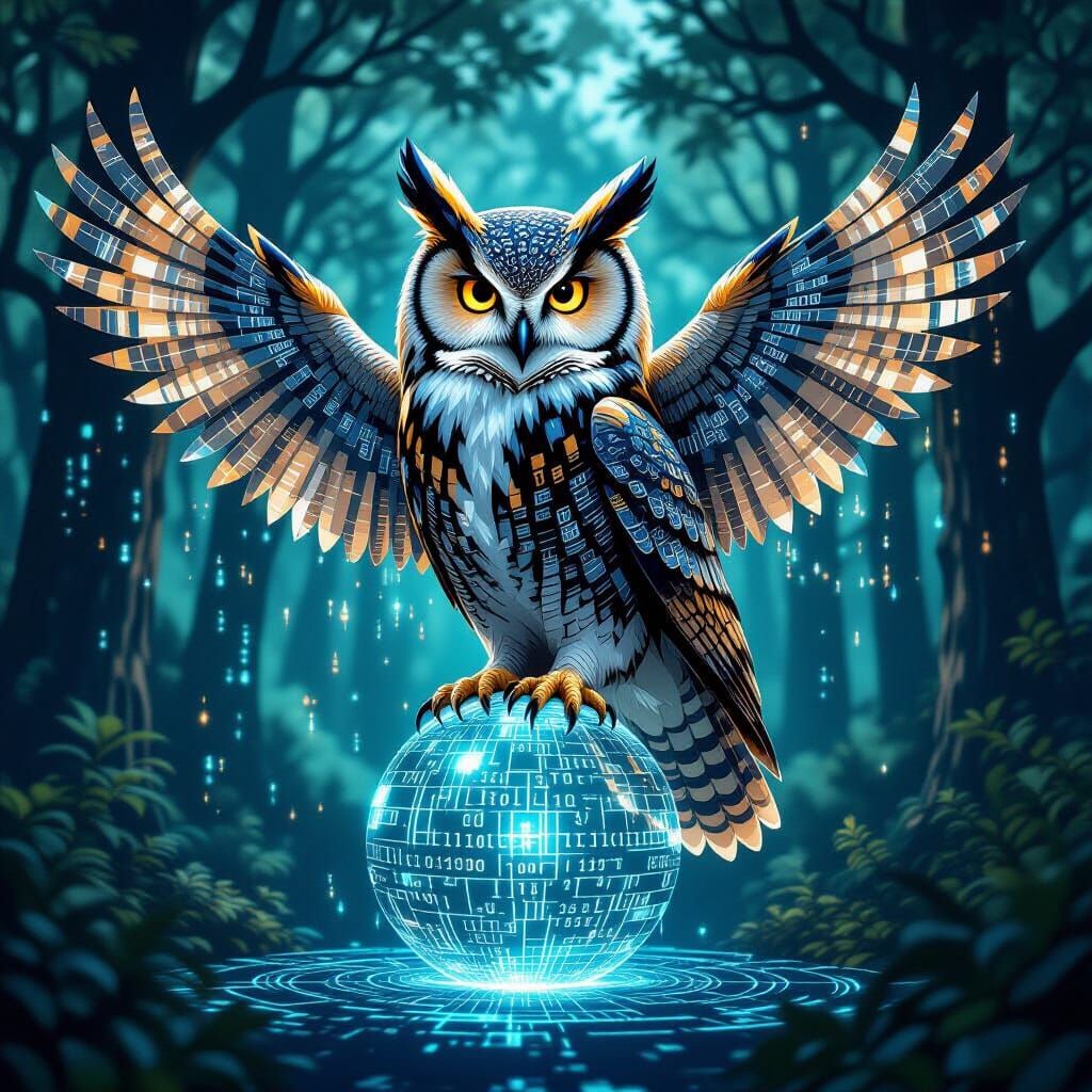Majestic Owl Made of Code Perched on Algorithm