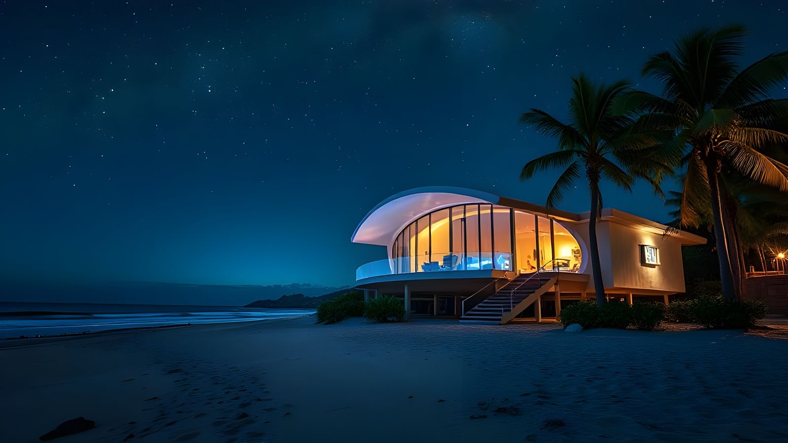 Futuristic Beach House Under Starry Night Sky