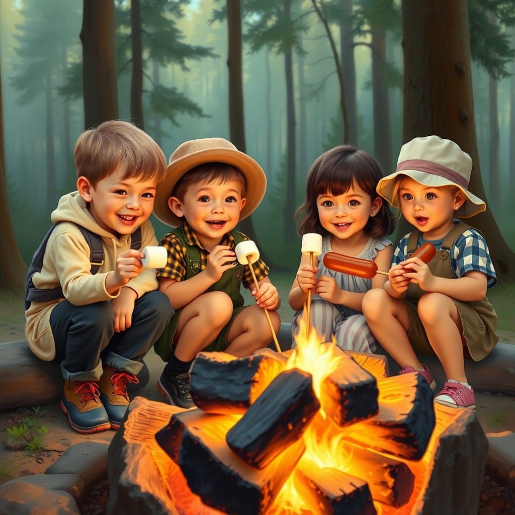 Children Roast Marshmallows and Hot Dogs Over a Cozy Campfir...