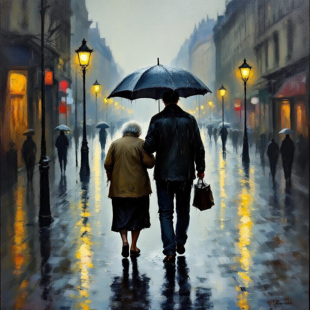 Man Shields Elderly Woman from Rain in Impressionistic City ...