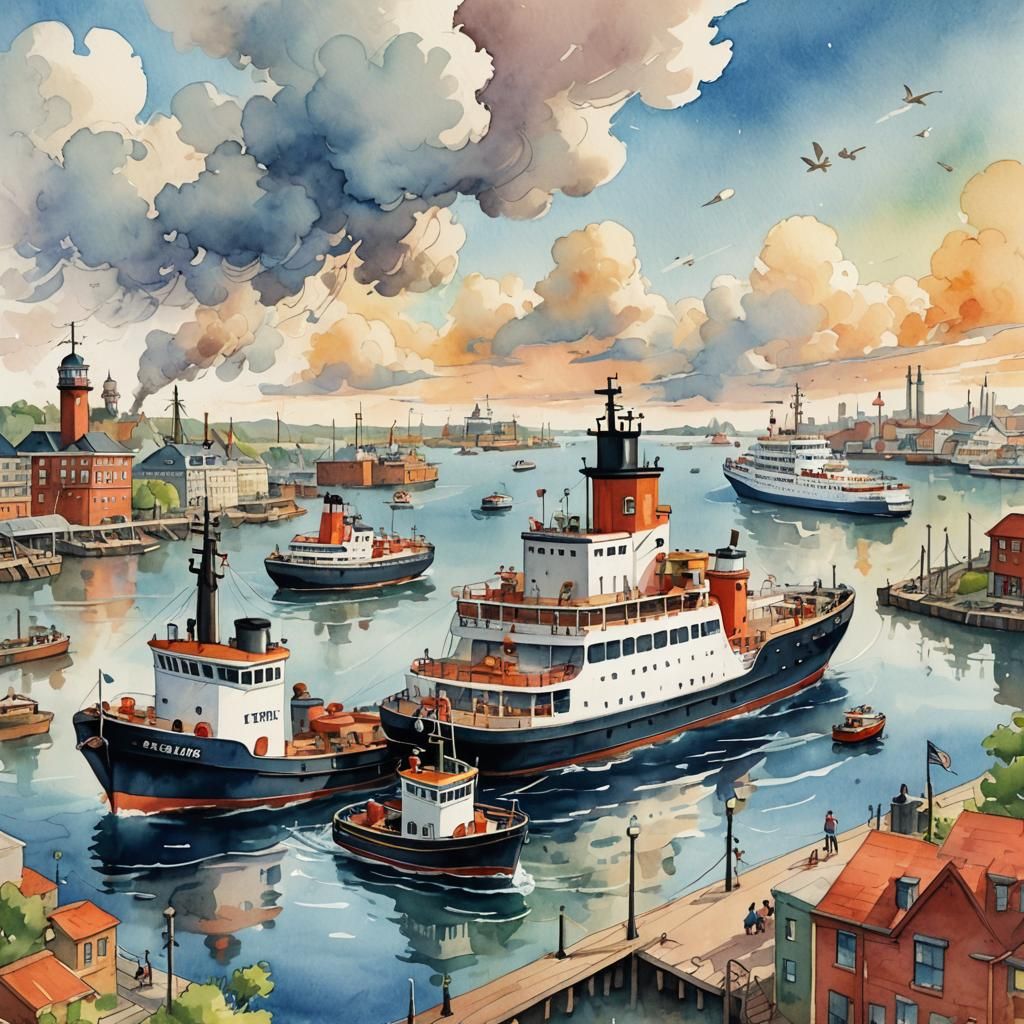 Cartoon Tugboat Tows Cruise Ship: Watercolor Illustration