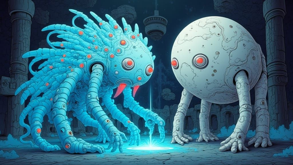 Fractal Arm and Geometric Eyes in Icy Neon