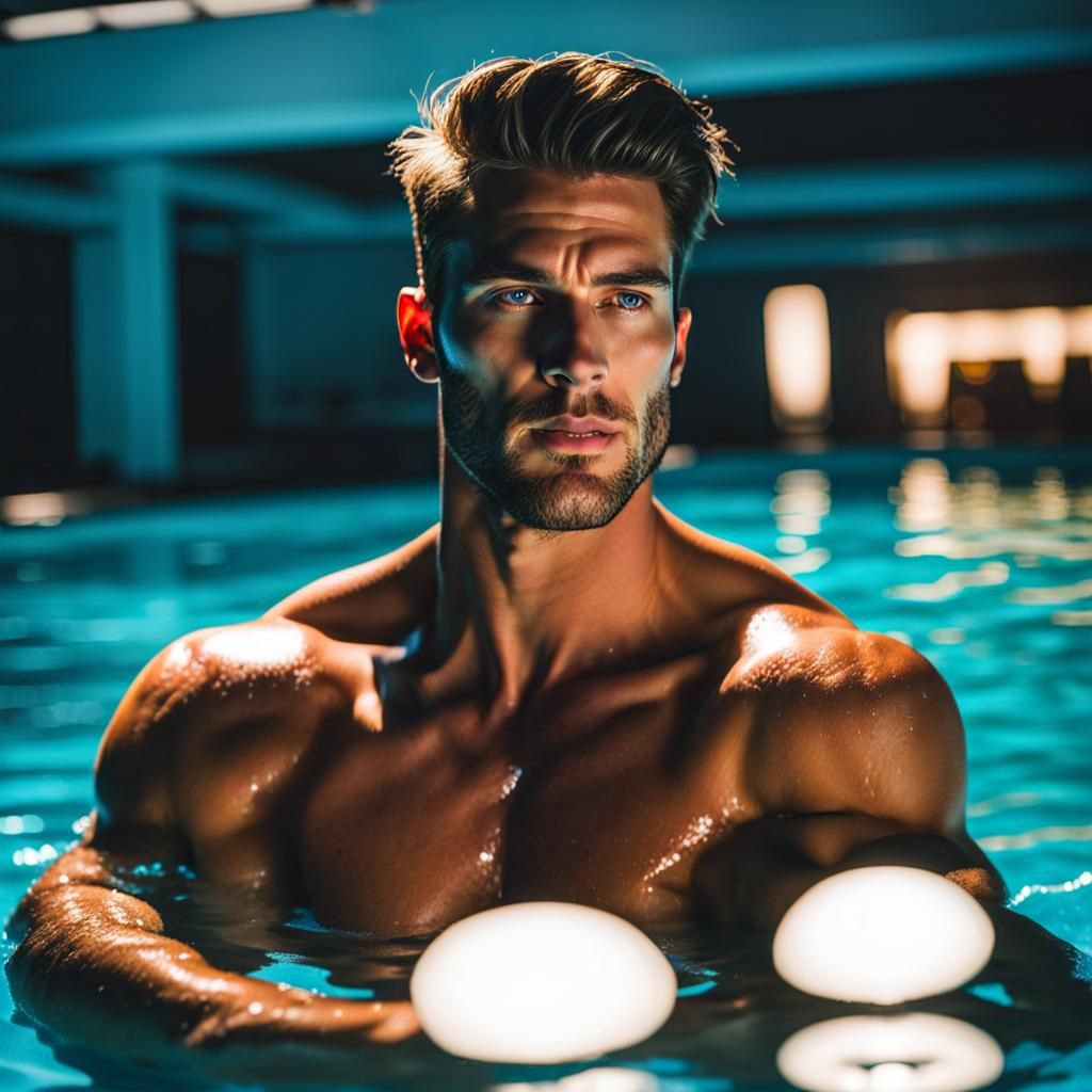 Chiseled Man Floating in Pool Sunlight