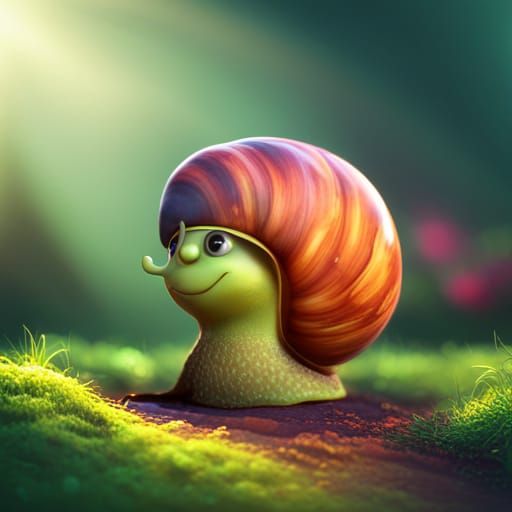 Smiling Chibi Snail in Garden: Pixar-Style 3D Art