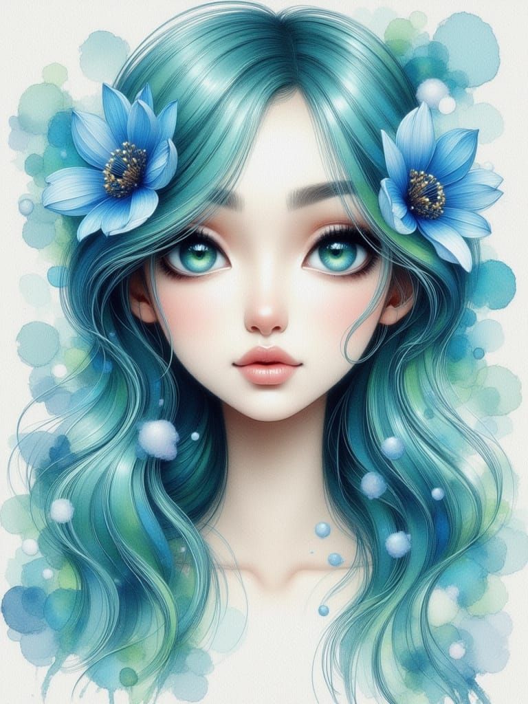 Beautiful Woman Portrait with Teal Hair Amidst Spring Flower...