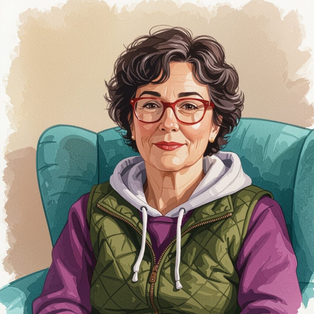 Watercolor Portrait of a Smiling Woman in Turquoise Armchair