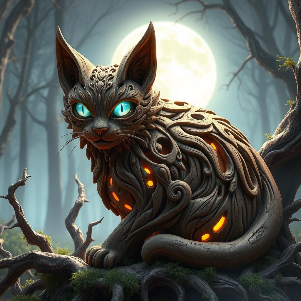 Fantasy Wood Carved Cat in Anime Style