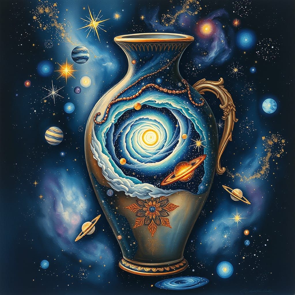 Cosmic Galaxy Overflowing an Ancient Vase in Watercolor Styl...
