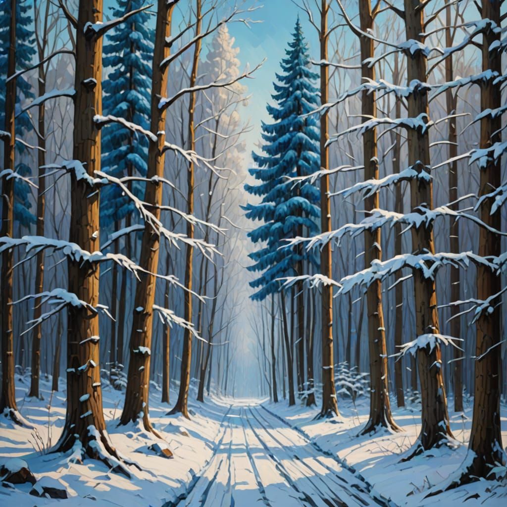 Impasto Oil Painting of a Serene Snowy Forest