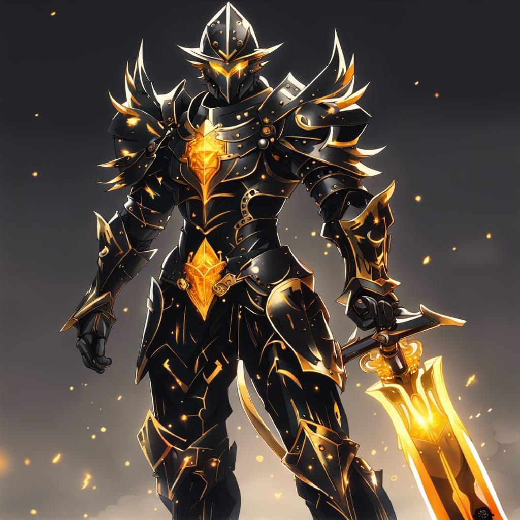 Armored Knight with Glowing Sword, in Anime Style