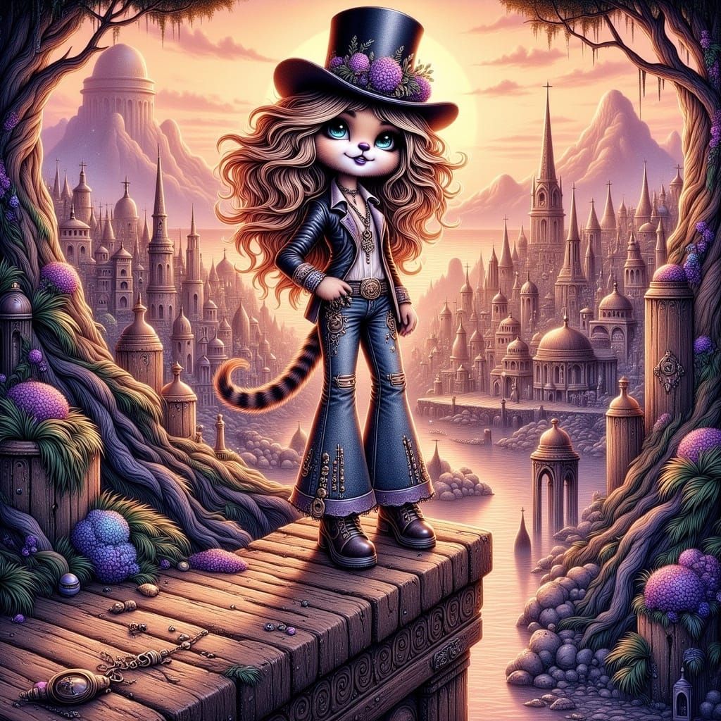 Boho Girl on Cliff at Sunset, Folk Art Style