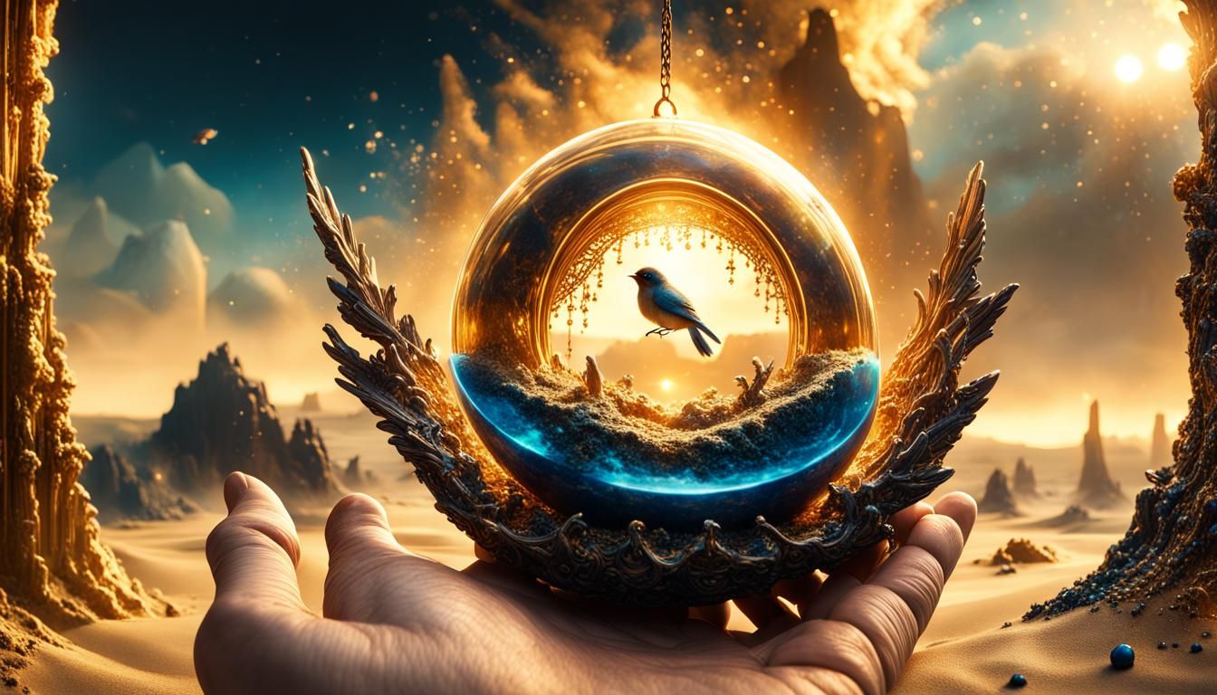 Golden Bird in Hand with Opalescent Portal