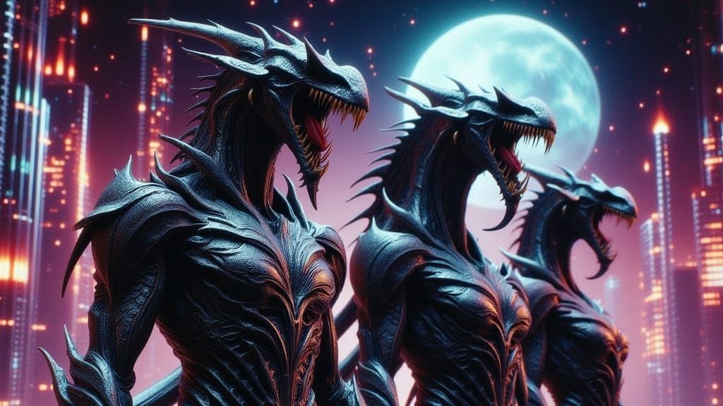 Reptilian Humanoids on Alpha-Draconis in Cyberpunk Style