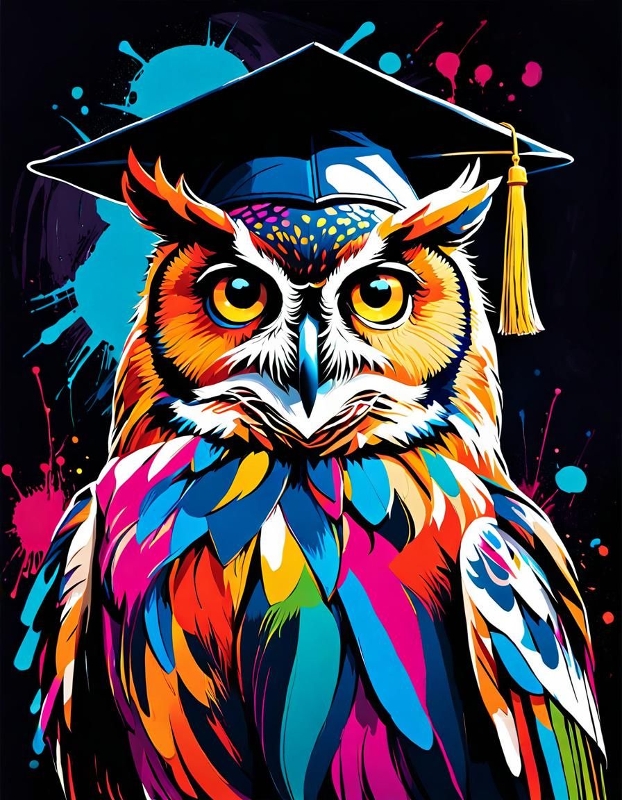 Owl Portrait in Graduation Cap, Graffiti Art Style