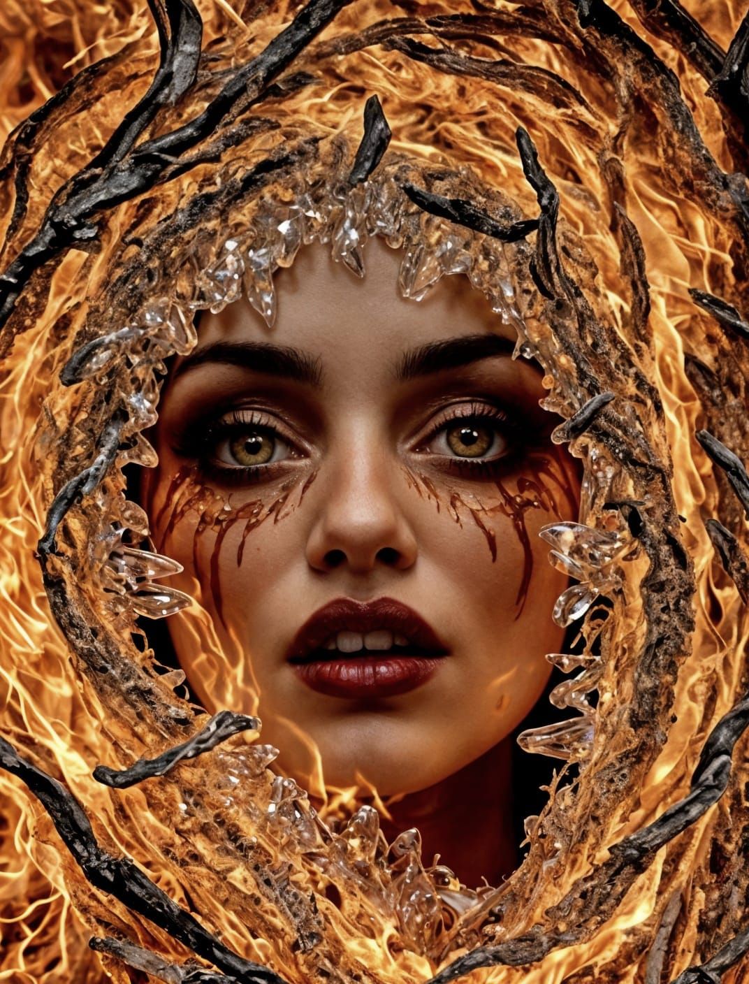 Crystalline Fire Woman with Intense Gaze