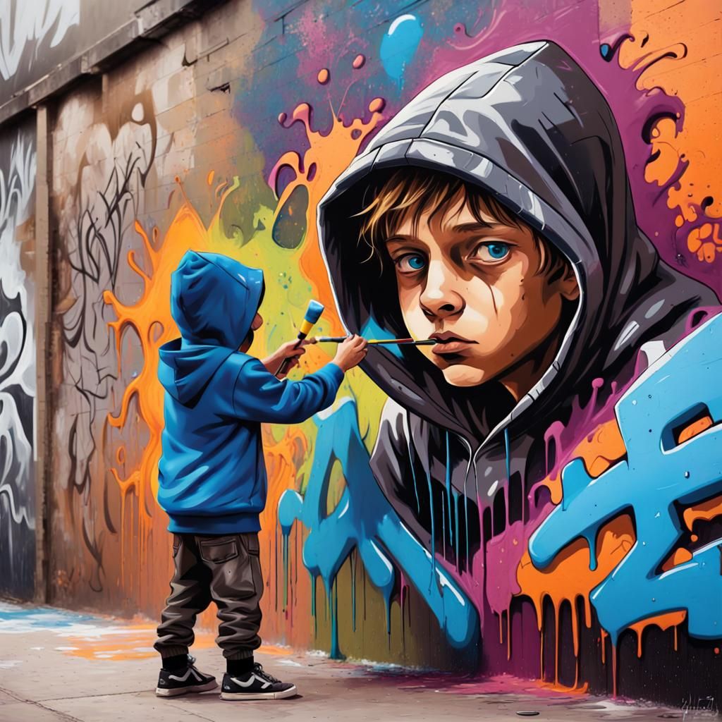 Hooded Boy Creates Graffiti Splash Art