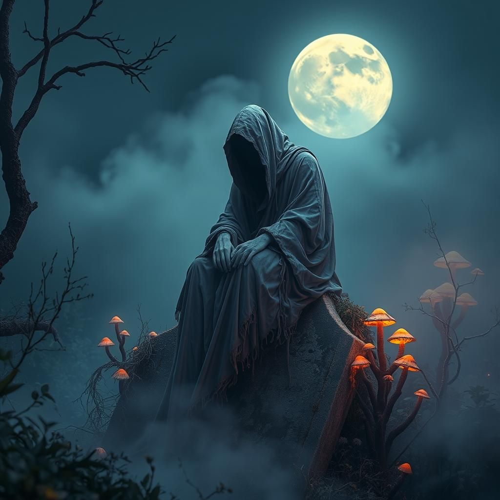 Ethereal Ghost on Tombstone in Moonlit Graveyard