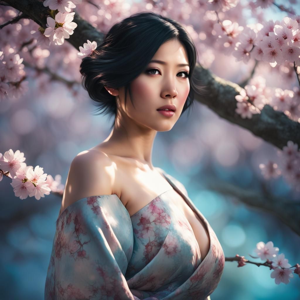 Asian Woman with Cherry Blossoms, Hyperdetailed Portrait