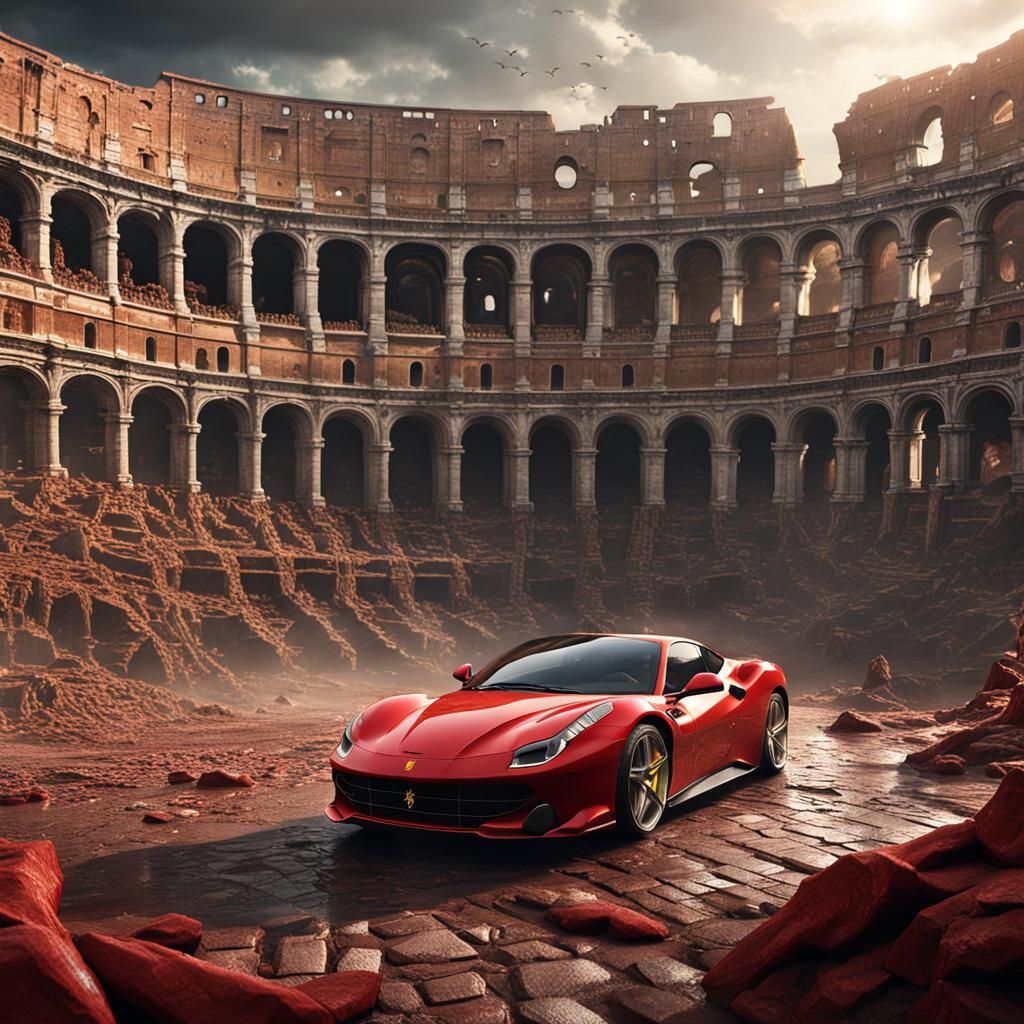 Giant Ferrari in Roman Colosseum: Detailed Matte Painting