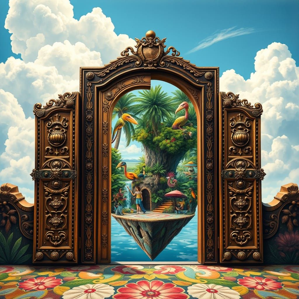 Jungle Portal on Floating Island, Surreal Digital Art