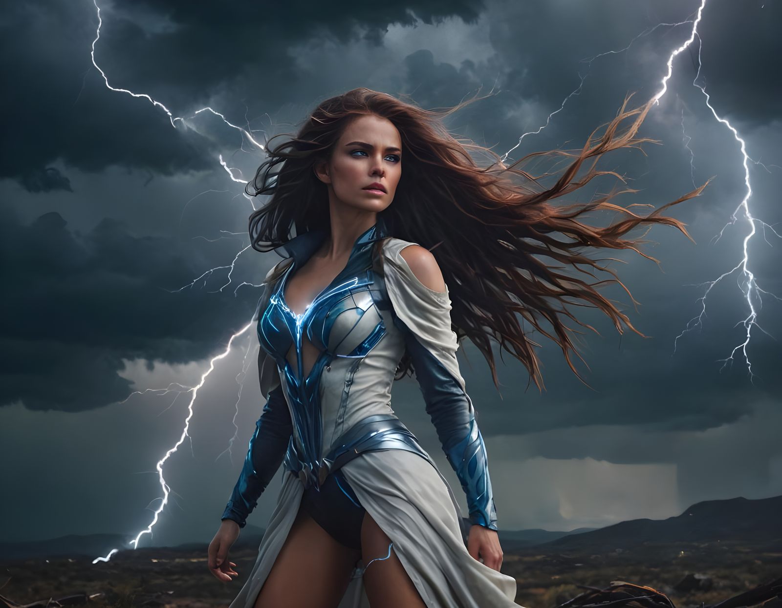 Storm-Powered Woman with Blue Eyes Digital Art