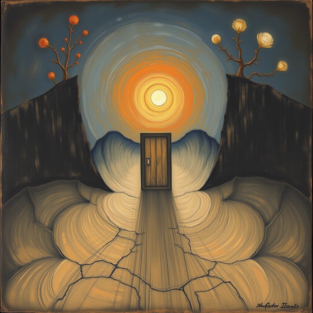 Surreal Door on Cracked Pavement with Dual Vanishing Points