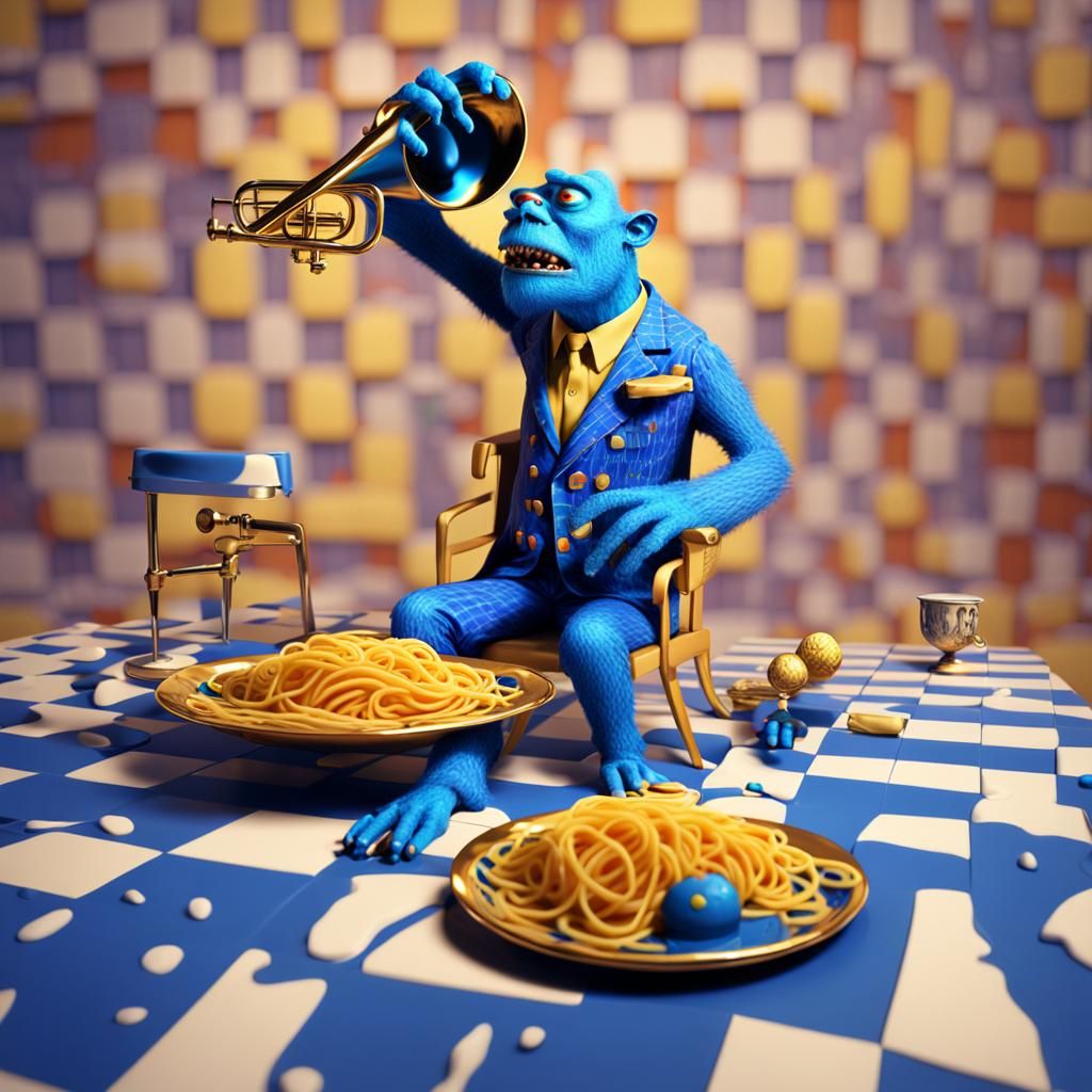 Surrealist Monster Plays Trumpet with Spaghetti, Set in a Mo...