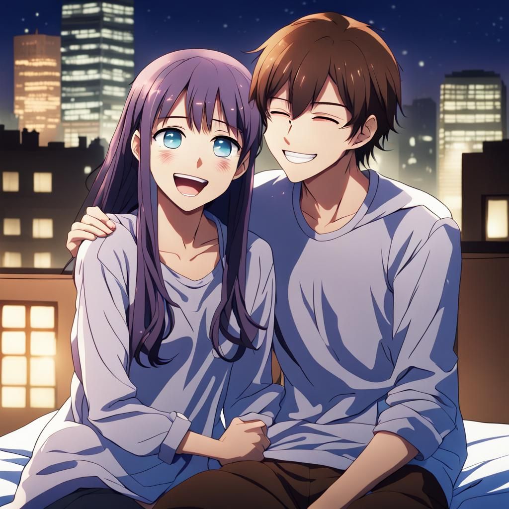 Anime Style Teenagers Laughing in City Night