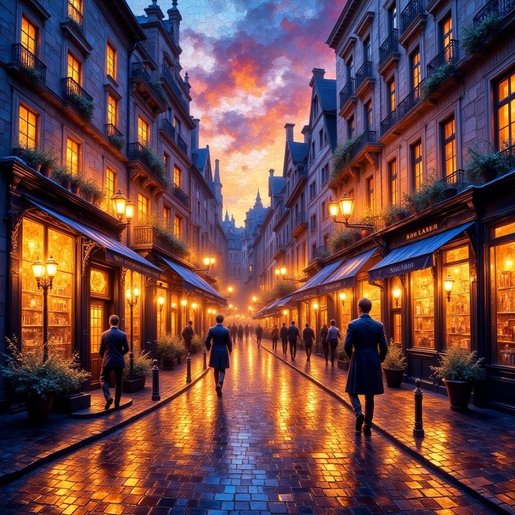 Romantic Sunset Cityscape in Impressionist Style