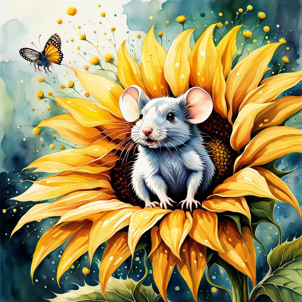 Animated Mouse Disintegrating Sunflower in Watercolor Style