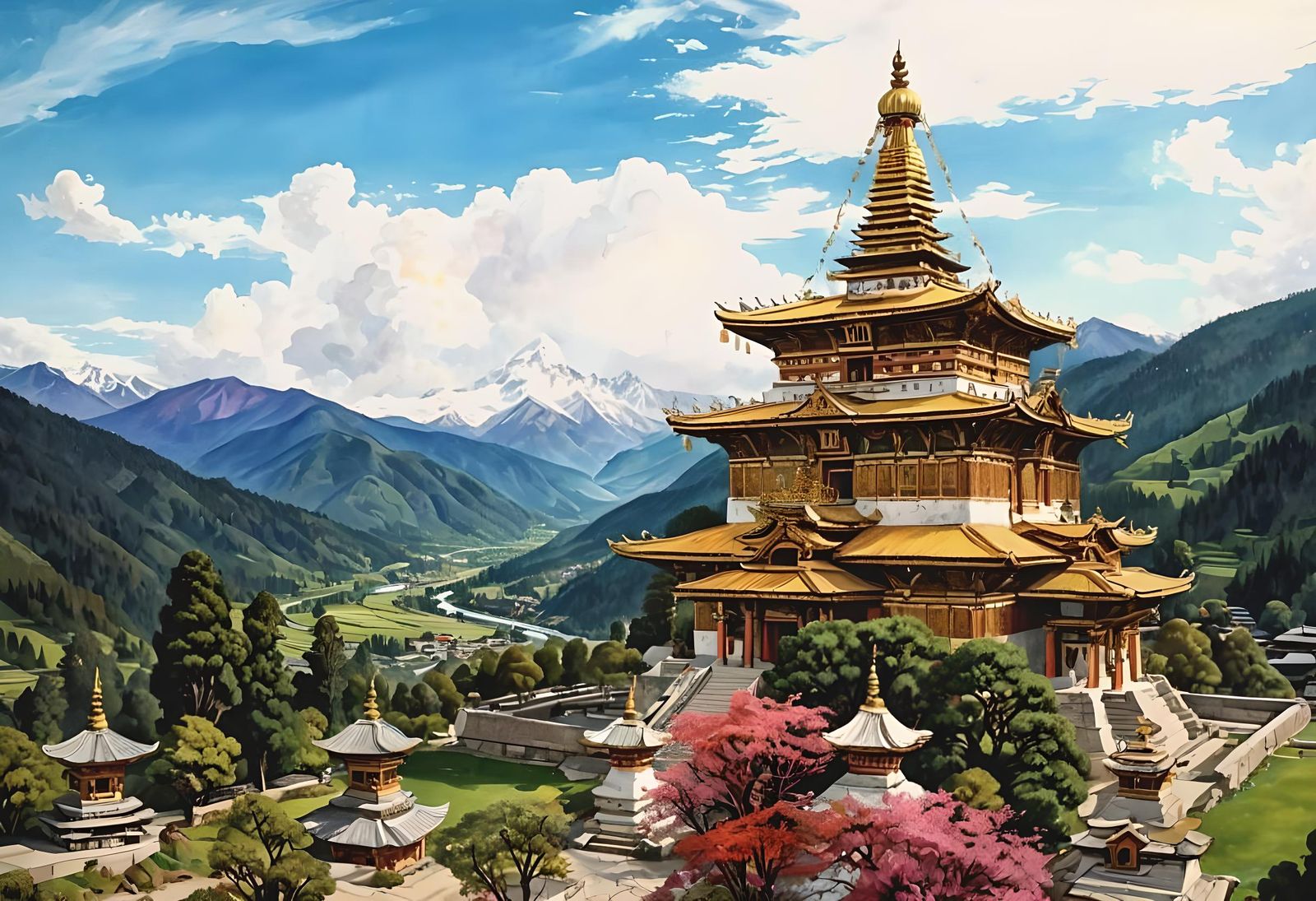 Bhutanese Temple Under Aurora Borealis