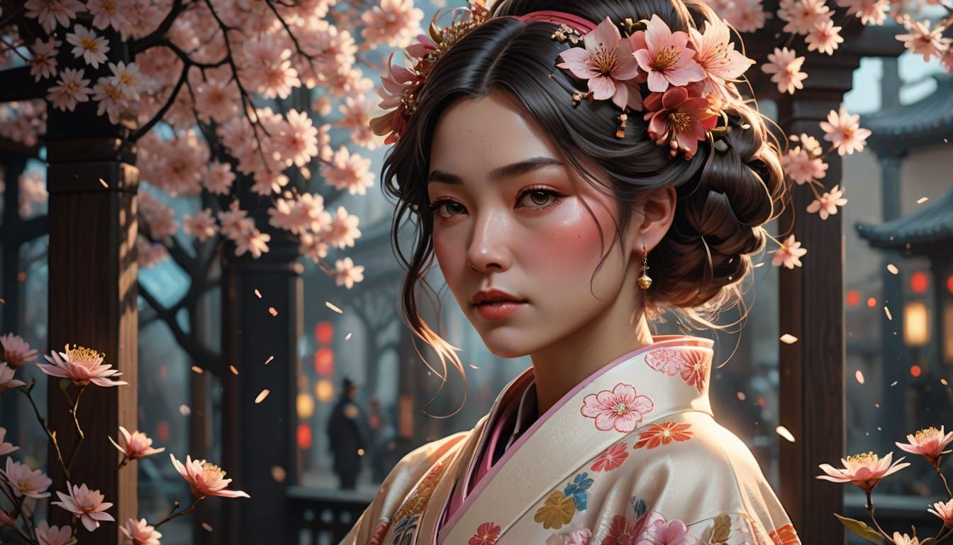 Woman in Kimono Portrait with Floral Details