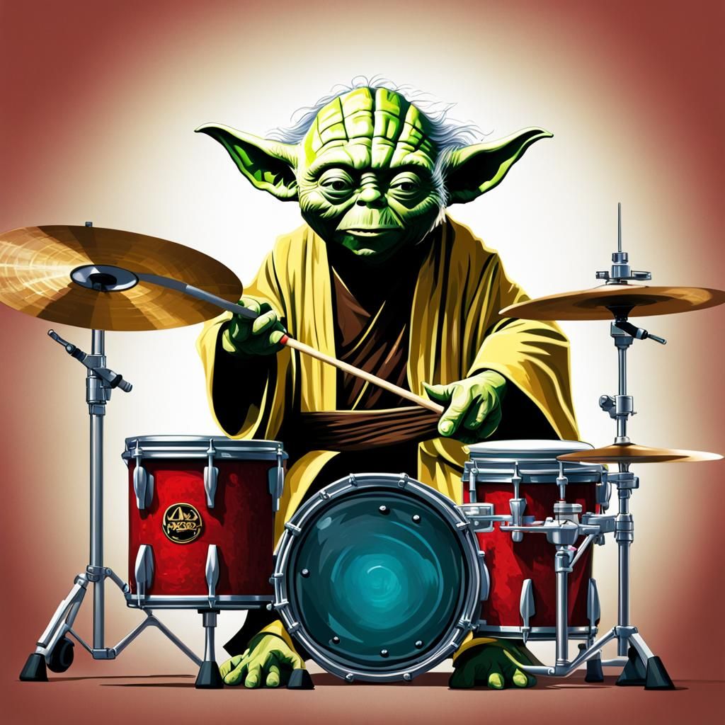 Yoda as Rockstar Drummer in Splash Art Style