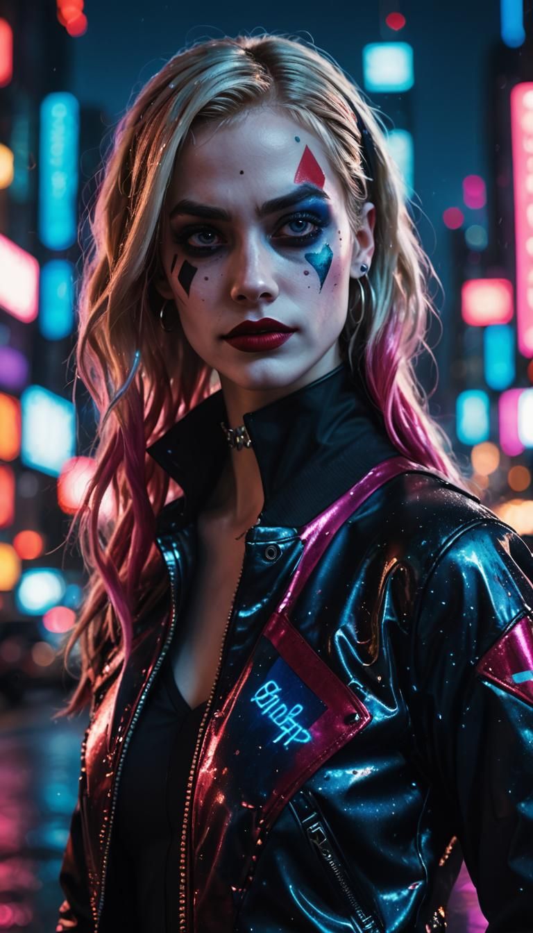 Futuristic Harley Quinn in Neon Cityscape: Digital Portrait