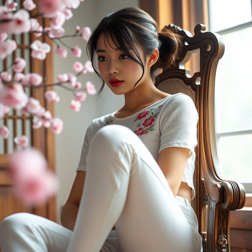 Photorealistic Japanese Woman in Ornate Chair