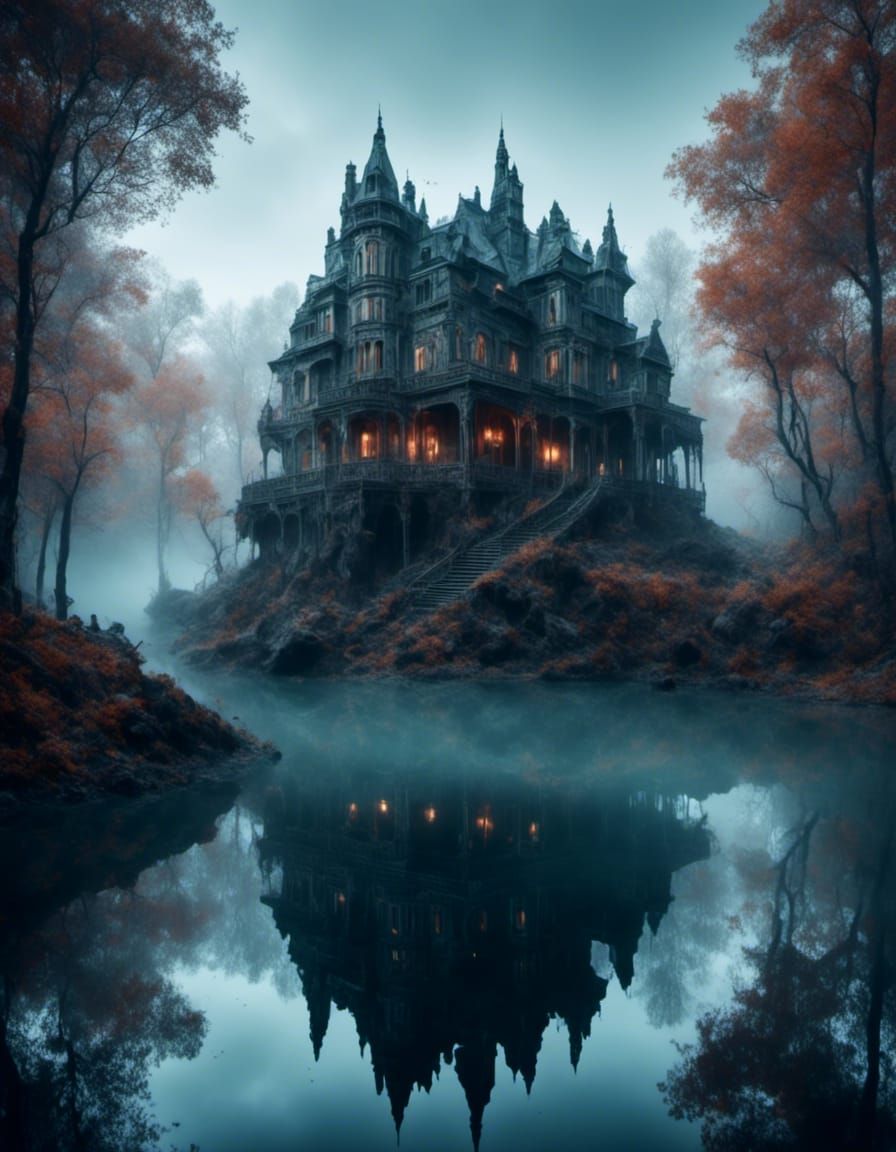 Floating Mansion in Foggy Forest