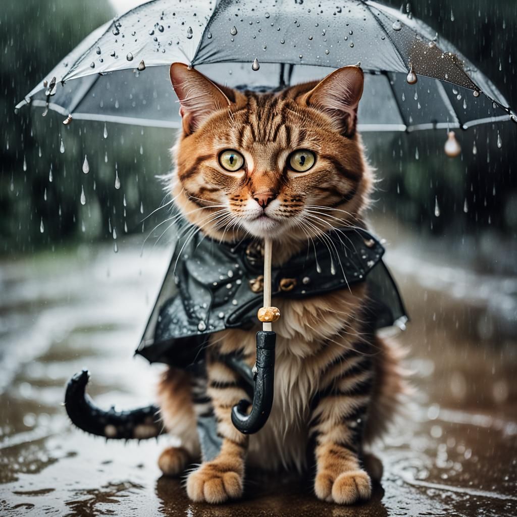 Whimsical Feline Portrait with Umbrella in Watercolor Style