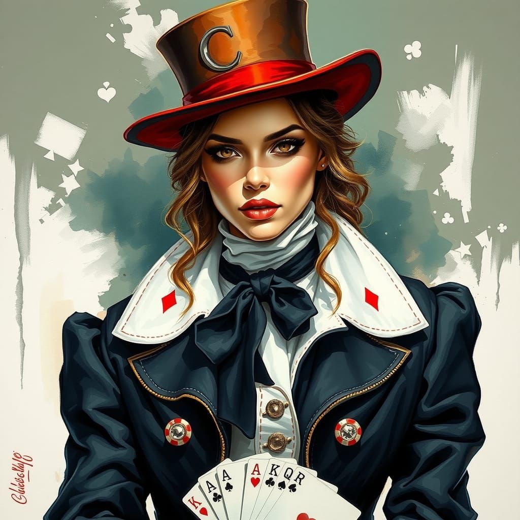Poker Model Portrait in Gouache Watercolor Style