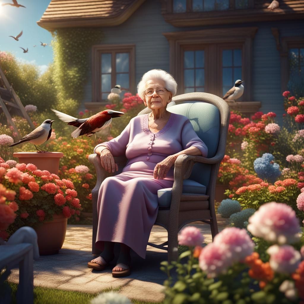 Grandmother Relaxing in Sunny Flower Garden: Realistic 4K