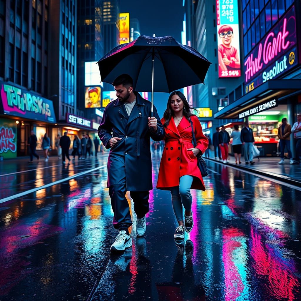 Electric Urban Duo Strolls Through Rainy City Night