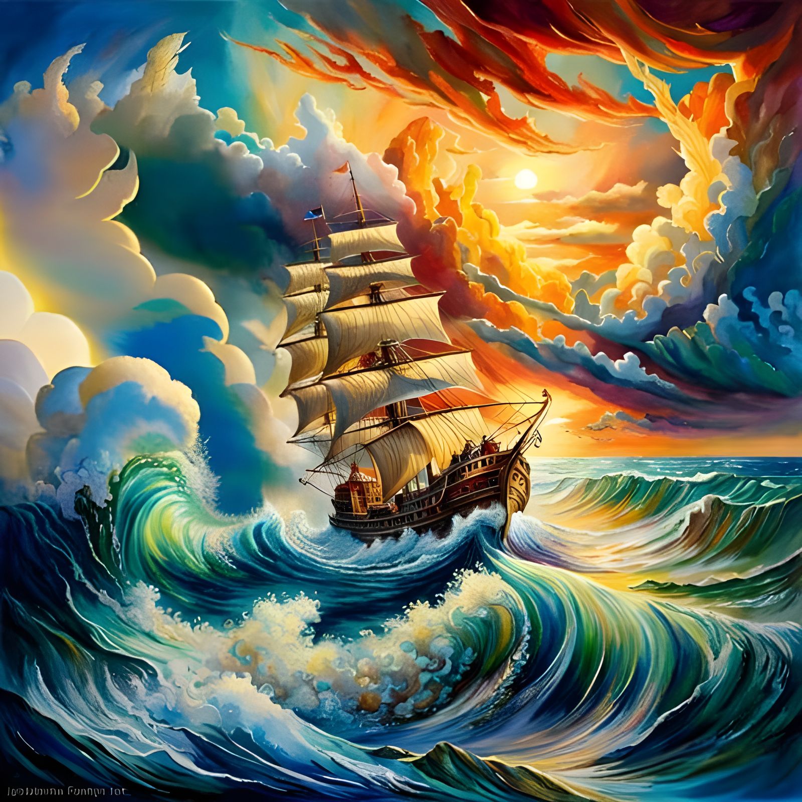 Ship Navigates Raging Sea: Vibrant Watercolor Art