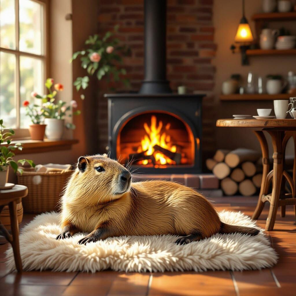 Cozy Cafe Scene with Capybara by Fireplace