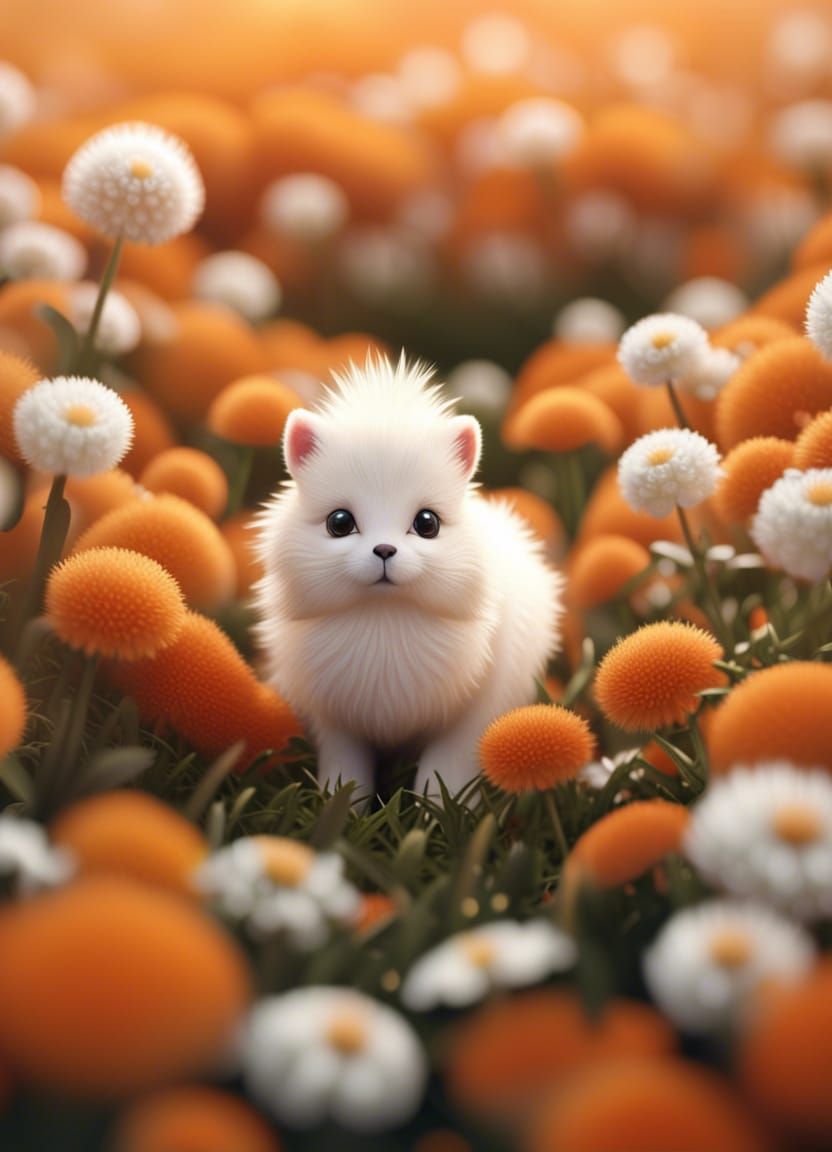 Fluffy Animal in Flower Field: Hyperrealistic Close-Up