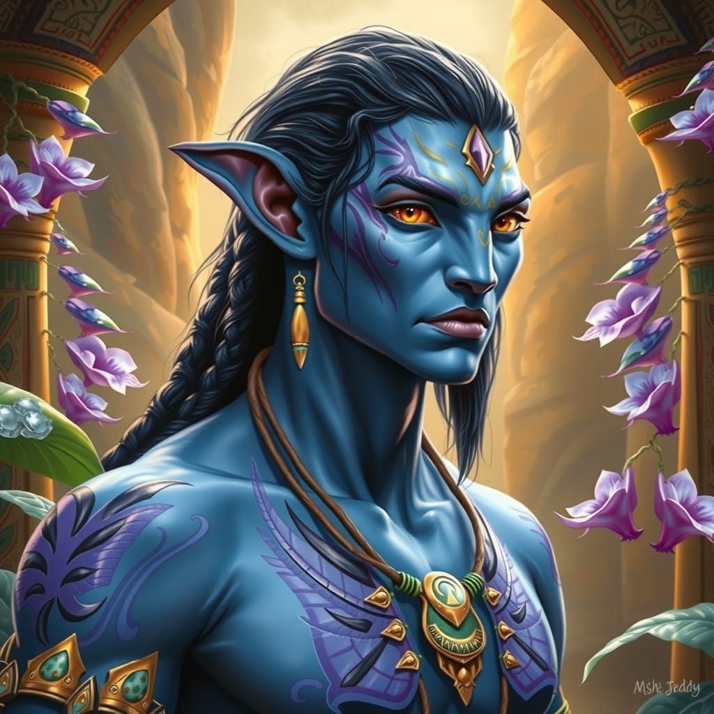 Ethereal Na'vi Male in Organic Cyberpunk Style