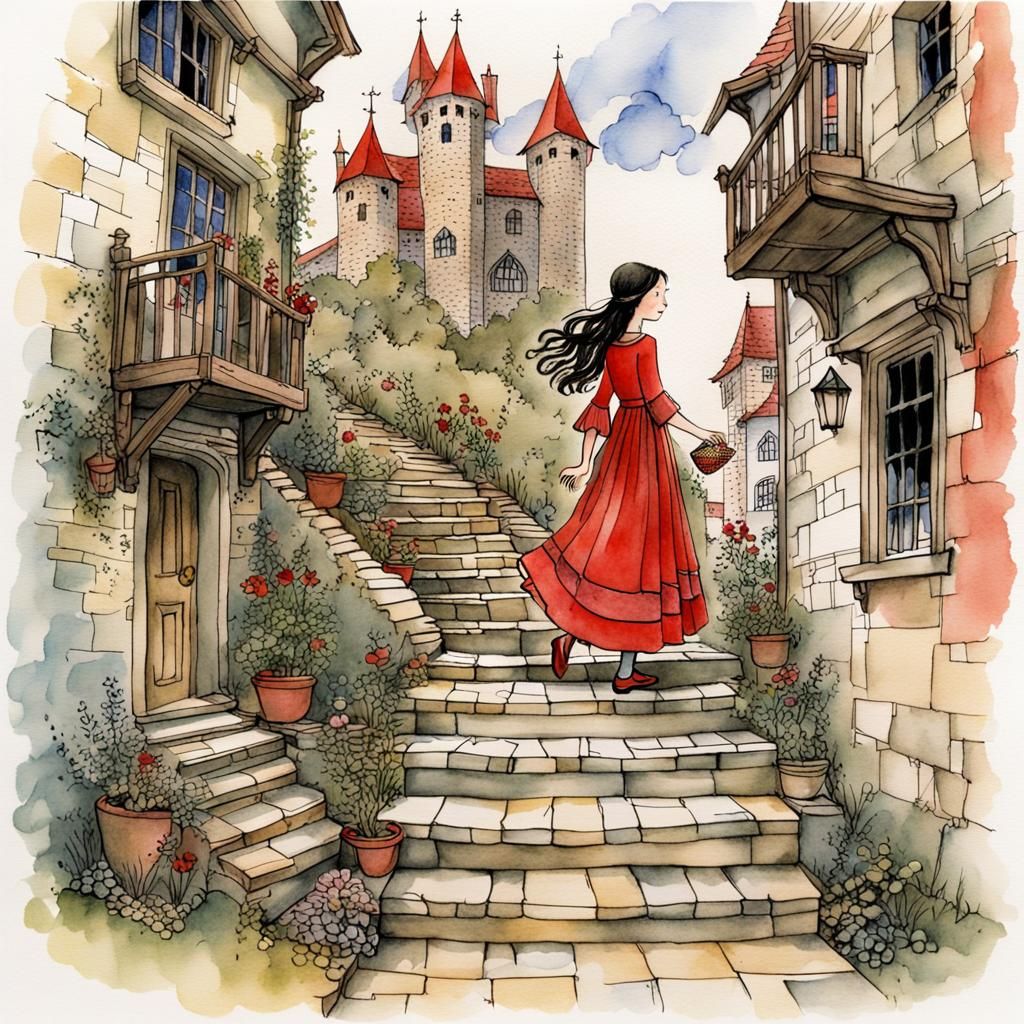 Medieval Maiden Ascends: Storybook Watercolor Illustration