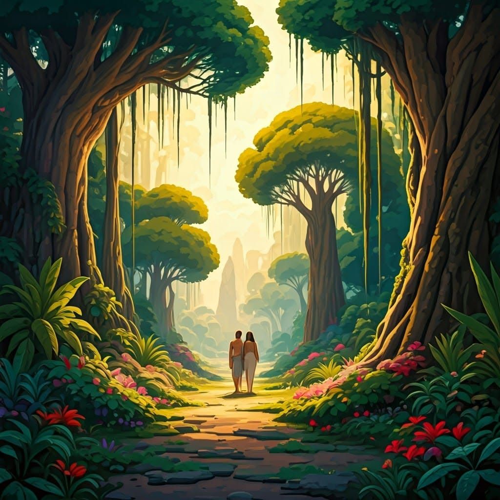 Vibrant Garden of Eden Masterpiece in Gouache Style