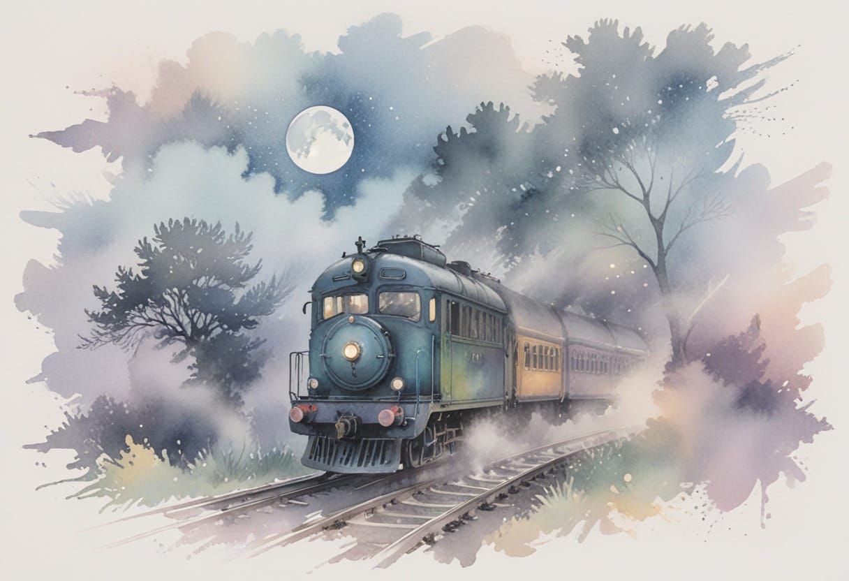 Moonshadow Rides Train in Ethereal Watercolour