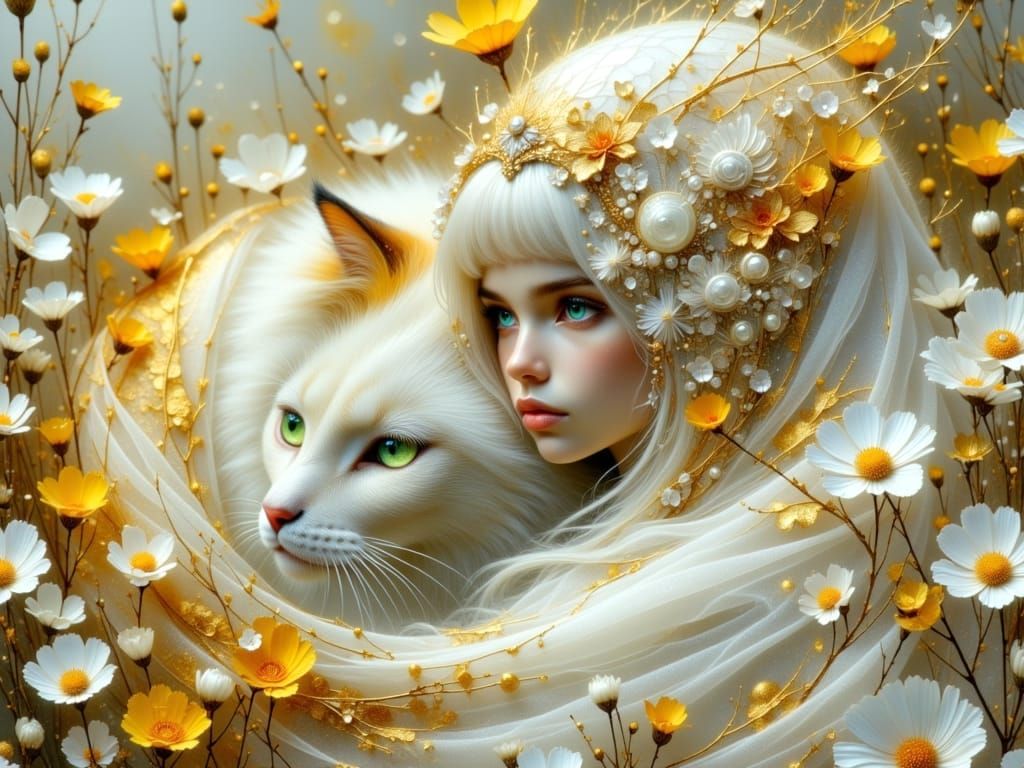 Mythical Calico Cat in Enchanted Spring Scene