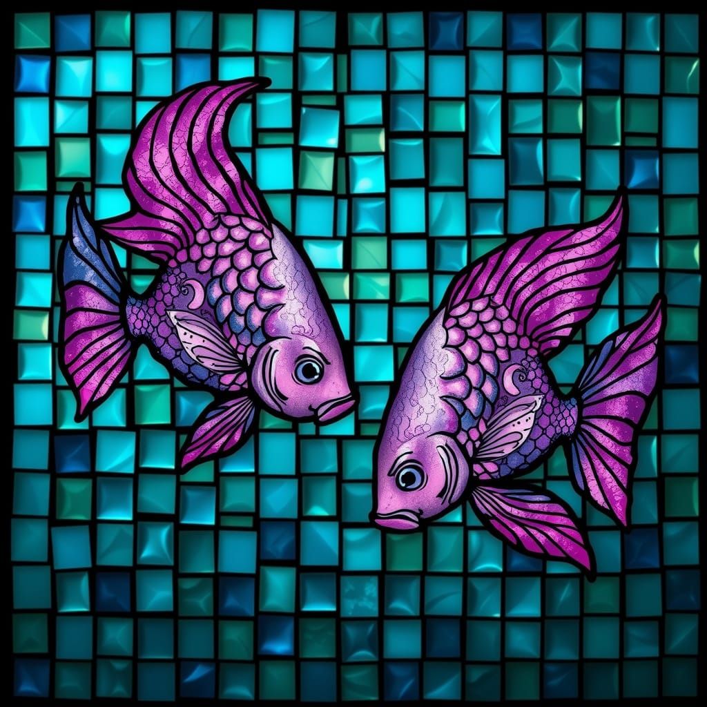 Regal Pisces Zodiac Fish in Vibrant Stained Glass Mosaic